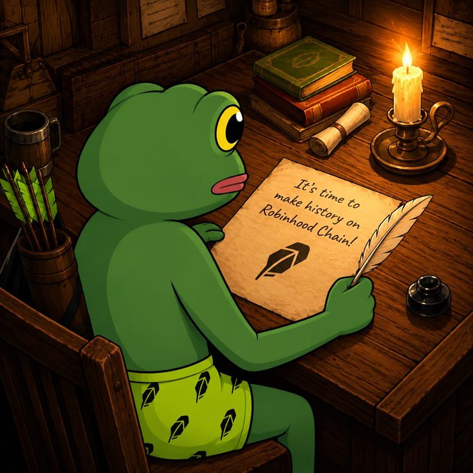 A green cartoon frog wearing feather-patterned shorts writes "It's time to make history on Robinhood Chain!" with a quill pen on old parchment, symbolizing the launch of $FWOGEN on the Robinhood Chain.