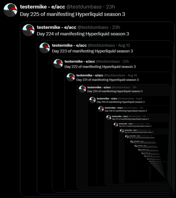 A screenshot of a viral recursive tweet from @testdumbass showing nested retweets with increasingly small text reading 'Day 225 of manifesting Hyperliquid season 3', 'Day 224', 'Day 223', and so on.