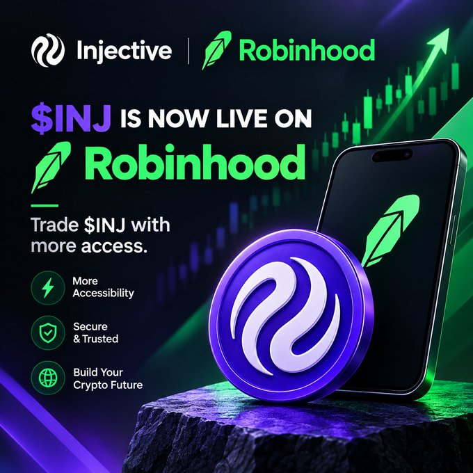 An advertisement stating '$INJ is now live on Robinhood,' promoting more accessibility and secure crypto trading with a 3D INJ coin.
