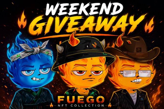 Promotional graphic for a 'WEEKEND GIVEAWAY' featuring three cartoon characters representing the 'FUEGO NFT COLLECTION'.