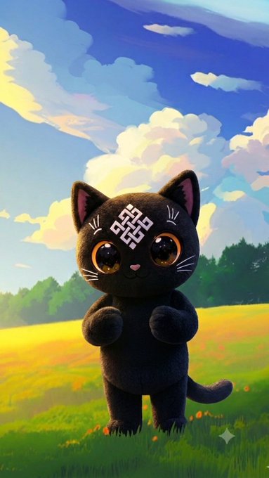 An illustration of a cute black cat character with large expressive eyes and a decorative symbol on its forehead, standing in a vibrant green meadow under a cloudy blue sky.