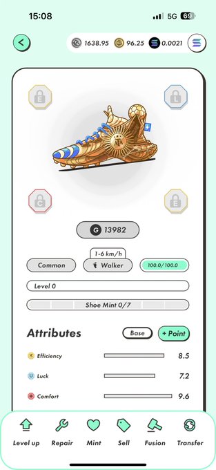 A screenshot from the STEPN app displays a Common Walker sneaker NFT with Level 0, a base efficiency of 8.5, luck of 7.2, and comfort of 9.6, along with a Shoe Mint count of 0/7 and approximately 13982 G tokens, suggesting a newly acquired in-game shoe asset.