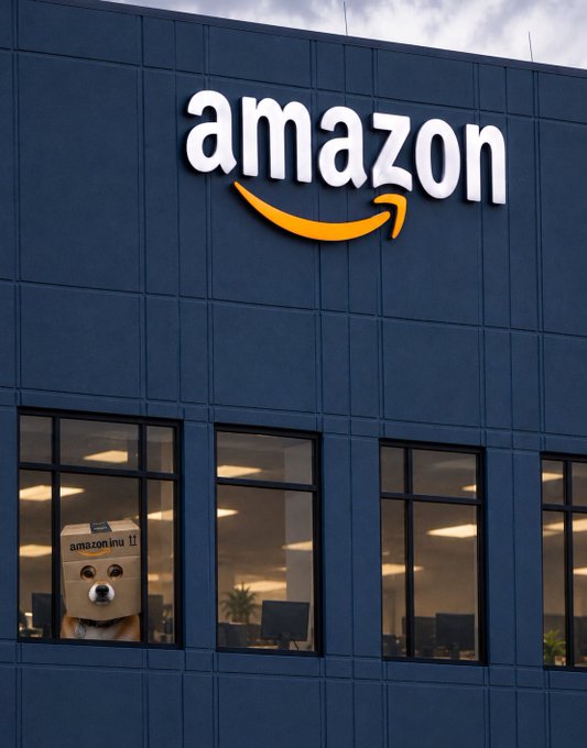An exterior view of an Amazon office building with the company logo, with a Shiba Inu wearing an "amazon inu" box visible through a window.