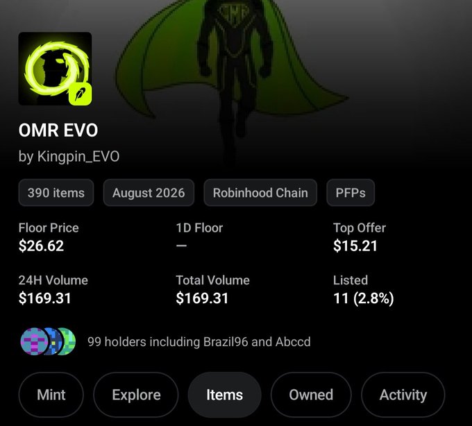 An NFT collection page for 'OMR EVO' by Kingpin_EVO on Robinhood Chain, showing 390 items with a floor price of $26.62 and 99 holders.
