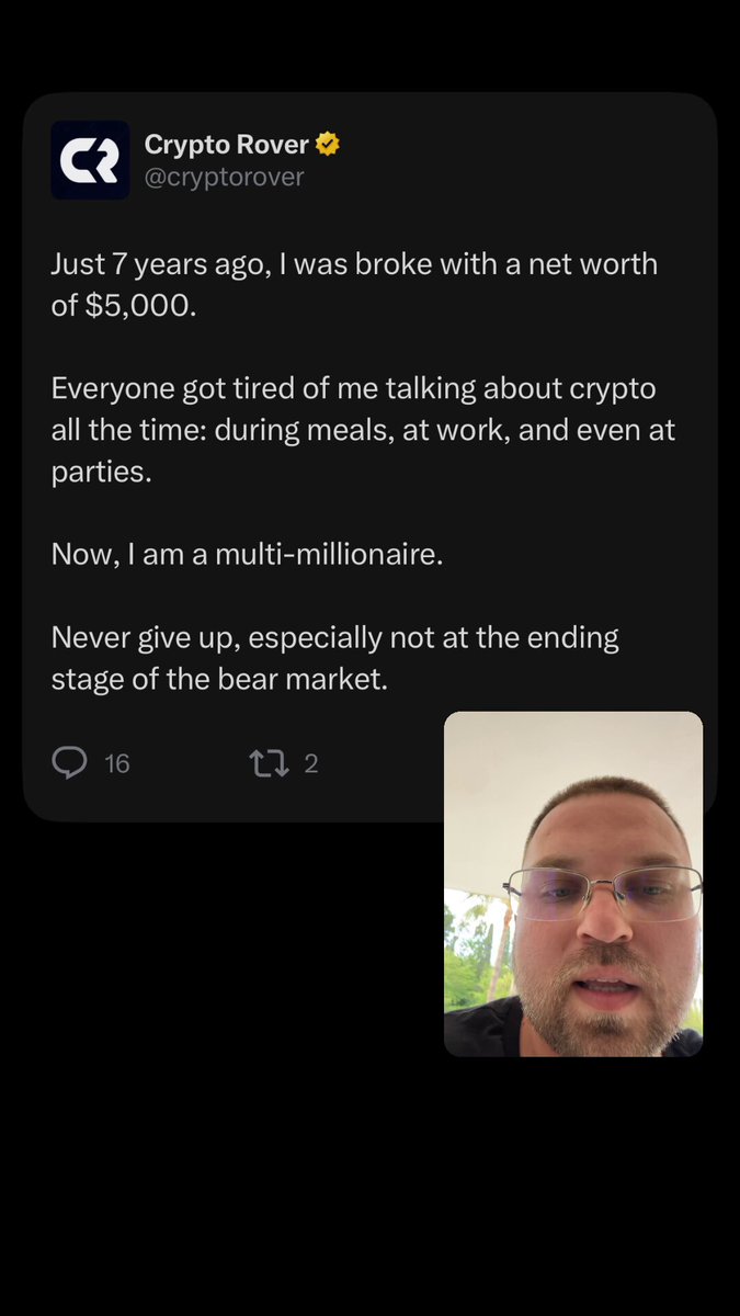 The image shows a screenshot of a social media post on Twitter with a man wearing a headset and glasses taking off his glasses while looking at a photo of himself that has been posted by an individual named Cryptoriver. The caption of the post is about the person's experiences with Bitcoin, indicating that they have been trading it for several years. It seems like the person might be discussing their journey in detail, talking about various aspects related to cryptocurrency or sharing some personal insights and opinions about the topic.