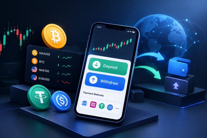 A smartphone displaying a trading app interface with prominent "Deposit" and "Withdraw" buttons, surrounded by cryptocurrency coins (Bitcoin, Tether, USD), a list of trading pairs (XAUUSD, BTC, NAS100, EURUSD), candlestick charts, and digital wallet icons, illustrating the article's guide on funding and withdrawing from electronic trading platforms.