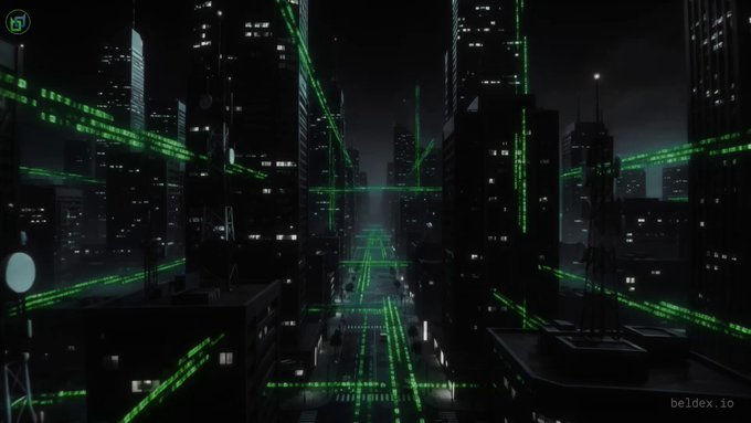 A futuristic cityscape at night illuminated by streams of green digital code cascading between skyscrapers, watermarked with "beldex.io".