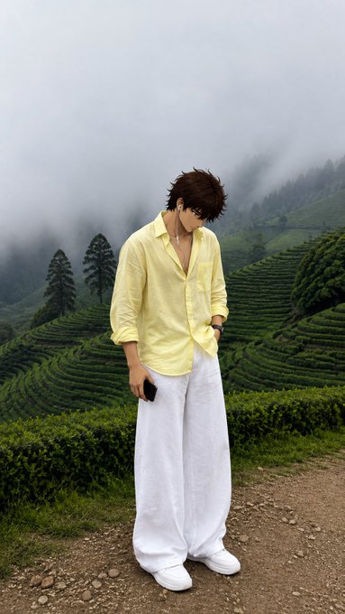 A young man wearing a yellow shirt and white pants stands on a dirt path overlooking misty green tea plantations.