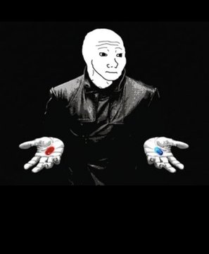An image of a bald man in a black suit holding out both hands, with a red pill in his left palm and a blue pill in his right palm.