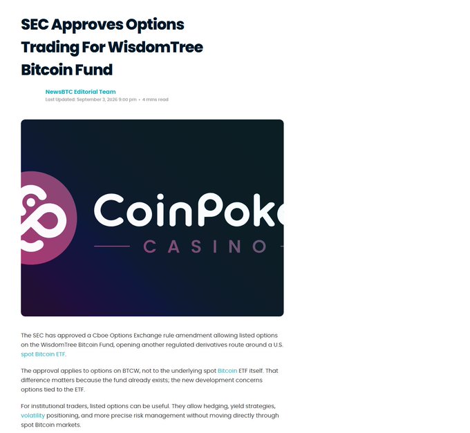 A NewsBTC article headlined 'SEC Approves Options Trading For WisdomTree Bitcoin Fund' dated September 3, 2026, includes a CoinPoker Casino advertisement and discusses Cboe Options Exchange rule amendments for the BTCW ETF.