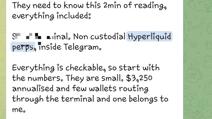 A WhatsApp-style message titled "Everything included" describes a Telegram-based non-custodial Hyperliquid perps terminal, highlighting that it has $3,250 in annualized volume across a small number of wallets, with one wallet belonging to the author—relating to the post's mention of a dev-built HL perps terminal inside Telegram tied to $HYPE.