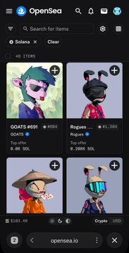 A mobile view of the OpenSea NFT marketplace shows the Solanx collection, displaying cartoon-style avatars including 'GOATS #659' and 'Rogue... #6236' with their floor prices listed in SOL.