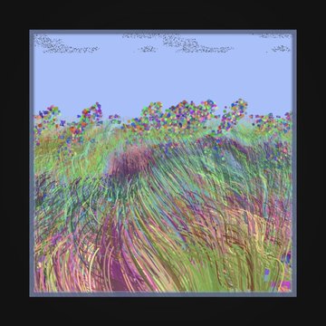 A colorful, stylized digital artwork or filtered image of a wildflower meadow with tall grasses in vibrant rainbow hues under a light blue sky with clouds.