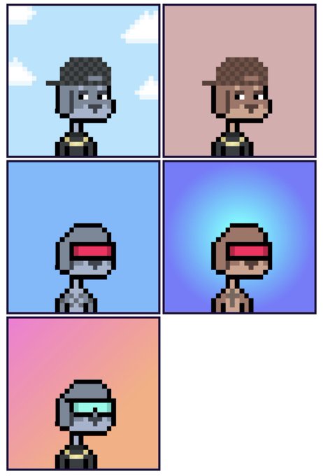 Five pixel-art character portraits featuring a monkey-like figure with a cap, some shown with robotic helmets featuring red visors against blue and gradient backgrounds.