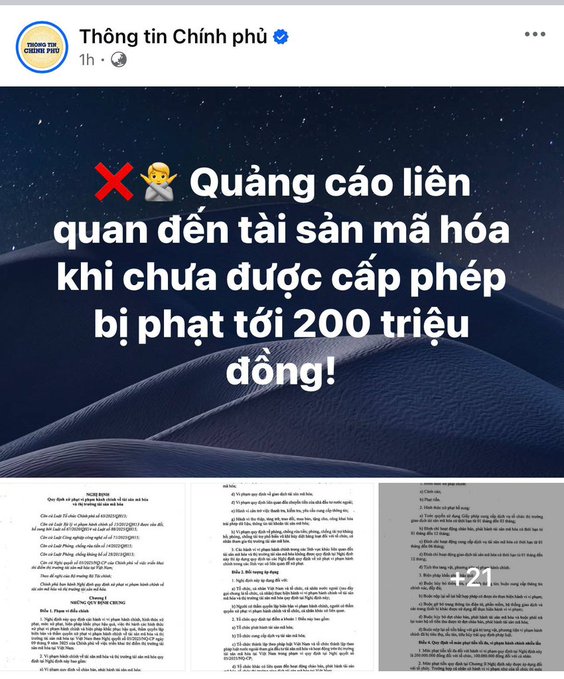 The image is a Vietnamese government announcement warning that advertising unlicensed crypto assets in Vietnam can result in fines up to 200 million VND.

The post mocks the strict regulations, suggesting crypto airdrops and promotions must now be done in secret ("silence") since openly advertising would violate these new government rules.