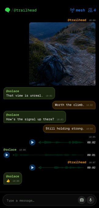 A chat interface between users @trailhead and @solace discussing a scenic mountain photo, with several voice messages exchanged.