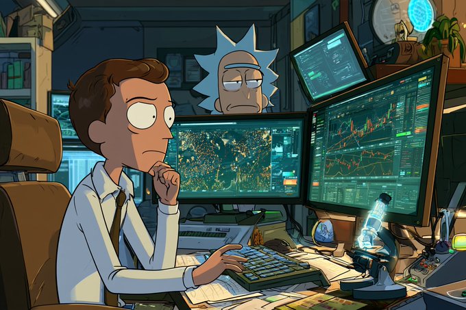A focused trader sits at a multi-monitor workstation displaying complex market charts and data, while a hologram of a scientist resembling Rick from "Rick and Morty" peers over his shoulder, symbolizing the fusion of AI-driven market signals and research in a single workflow—reflecting Bella Alpha's promise to unify trading signals, research, and market context into one AI-powered bot available at t.me/BellaSignalBot.