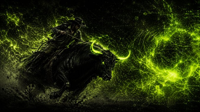 A dark fantasy digital artwork depicting a rider on a black bull with glowing green horns, surrounded by swirling green energy.
