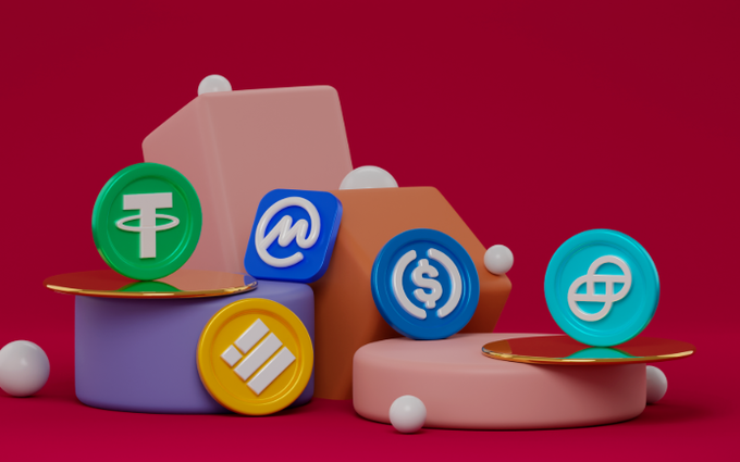 A 3D illustration displays stylized coin tokens representing major stablecoins—USDT (Tether, green), USDC (blue circle), and DAI (teal with crosshair logo)—arranged on colorful pedestals alongside other crypto tokens against a deep red background. The image visually reinforces the caption's theme of stablecoin market expansion, with the prominent stablecoin symbols symbolizing the $304 billion milestone in combined market capitalization as fresh capital flows into the sector.