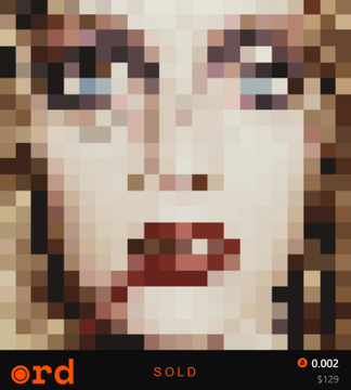The image features a woman's face with red lipstick, displayed in various shades and tones of brown. The background of the image also consists of different shades of brown and white colors. The image has an overlay text that says "SOLD" at the bottom, and the price of the artwork is listed above it as "$12.99".