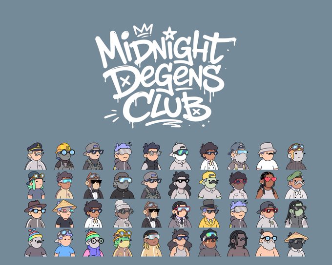 A promotional graphic for "Midnight Degens Club" featuring a graffiti-style white logo with crowns and stars above rows of colorful NFT-style avatar characters wearing various hats and accessories.