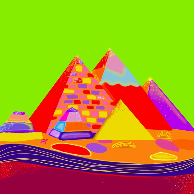 A vibrant, colorful digital illustration of the Egyptian pyramids rendered in bright reds, yellows, pinks, and purples against a green sky, featuring stylized brick textures and abstract shapes.