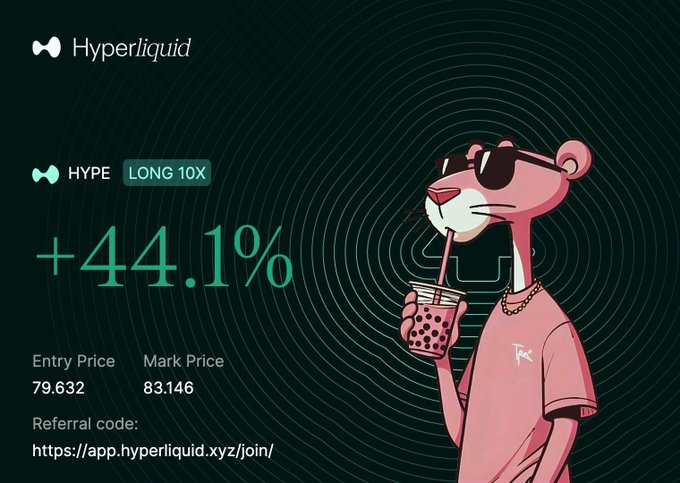 A promotional graphic for Hyperliquid featuring a pink cartoon panther character drinking bubble tea, displaying a HYPE LONG 10X position at +44.1% with entry price 79.632 and mark price 83.146, along with a referral link.