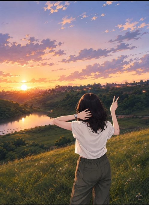 An anime-style illustration shows a girl with dark hair in a white shirt and green pants making a peace sign while looking out over a grassy hillside at a sunset with a river below.