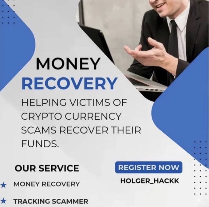 A money recovery advertisement offering services to help victims of cryptocurrency scams recover their funds, featuring a man in a suit, with 'REGISTER NOW' and 'HOLGER_HACKK' displayed.