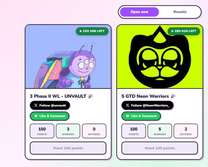 A crypto giveaway interface shows two contests: "3 Phase II WL - UNVAULT" requiring 150 points and "5 GTD Neon Warriors" requiring 100 points, each with Follow and Like & Comment buttons.