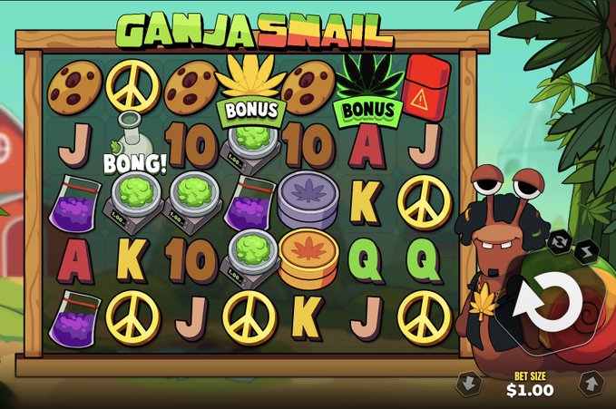 A colorful slot machine game called 'GANJASNAIL' featuring cannabis-themed symbols including cookies, peace signs, bongs, and jars, with a cartoon snail character on the right side and a bet size of $1.00.