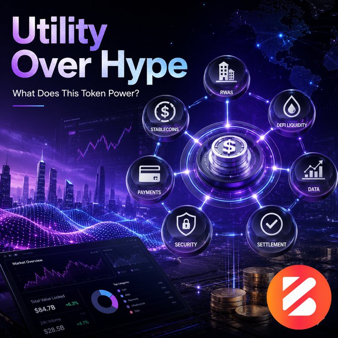 A promotional graphic titled 'Utility Over Hype - What Does This Token Power?' showing a token ecosystem connecting RWAS, DeFi Liquidity, Stablecoins, Payments, Security, Data, and Settlement features.