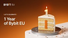 An orange-toned anniversary graphic celebrates '1 Year of Bybit EU,' featuring a 3D '1' candle on a block, with the text 'LET'S CELEBRATE!' and the Bybit EU logo.
