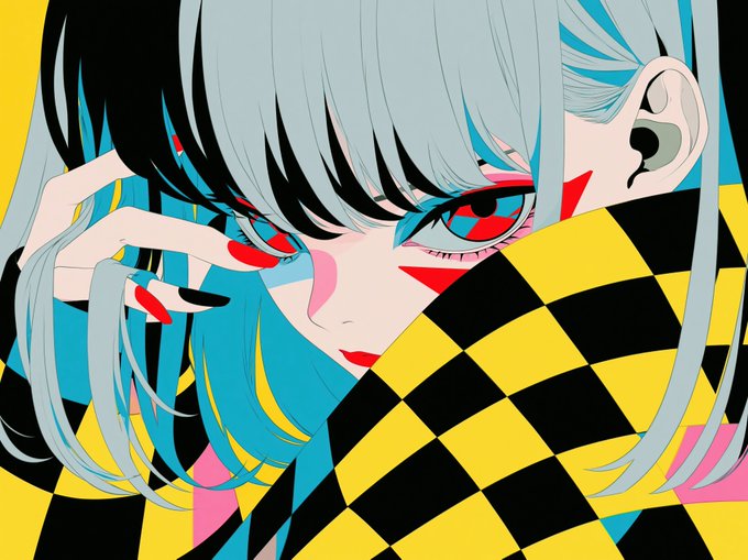 A vibrant anime-style illustration of a character with split black and light blue hair, striking red eyes, and a yellow and black checkered garment.