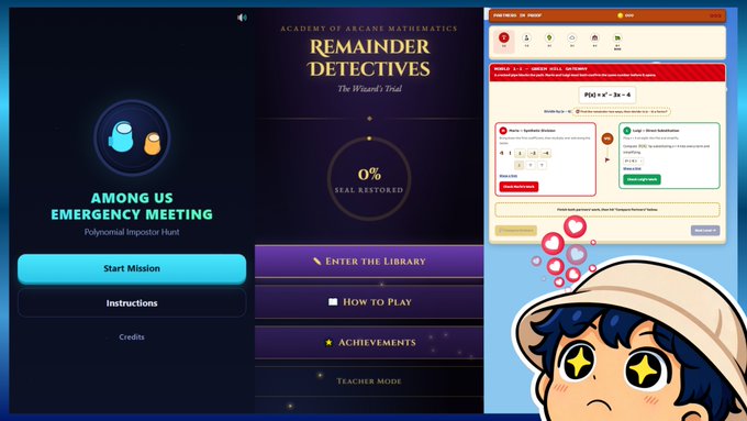 Screenshots from a math learning game titled 'REMAINDER DETECTIVES' and 'AMONG US EMERGENCY MEETING - Polynomial Impostor Hunt', alongside a screenshot of a synthetic division problem and a chibi character with starry eyes.