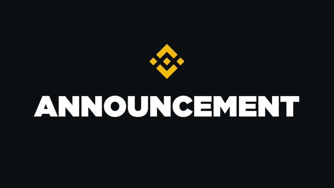 A black screen displaying the Binance logo above the white text 'ANNOUNCEMENT'.