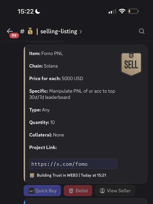 A mobile screenshot of a Discord channel '#selling-listing' showing a listing for 'Fomo PNL' on the Solana chain at 5000 USD each, quantity 10, with the specific service: 'Manipulate PNL of ur acc to top 30d/7d leaderboard'.