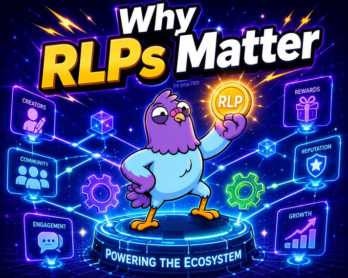 A vibrant digital illustration titled "Why RLPs Matter" by pop789, featuring a purple owl mascot holding an "RLP" coin on a neon-lit platform labeled "Powering the Ecosystem," surrounded by floating icons representing Creators, Community, Engagement, Rewards, Reputation, and Growth. The imagery directly reinforces the post's message by visually highlighting RLPs as the central engine driving creator opportunities, community rewards, and ecosystem power within Rally.