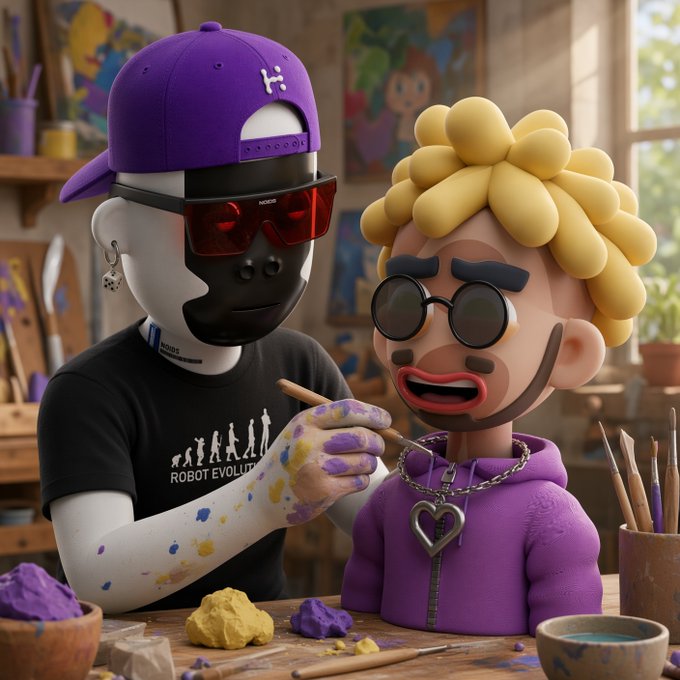 A 3D-rendered scene shows a robot character wearing a purple cap and red sunglasses, sculpting a clay figure of a blonde person in a purple hoodie in an art studio.