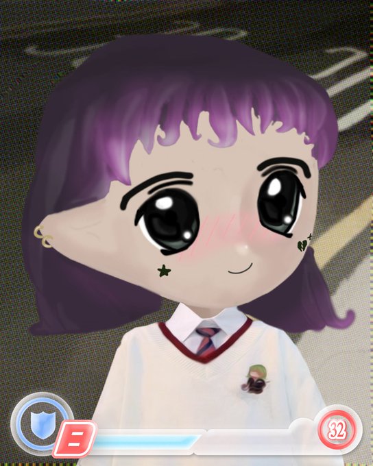 A digital illustration or video game screenshot of an anime-style character with purple hair, large eyes, a facial piercing, star stickers, and a white sweater vest with a small pin.
