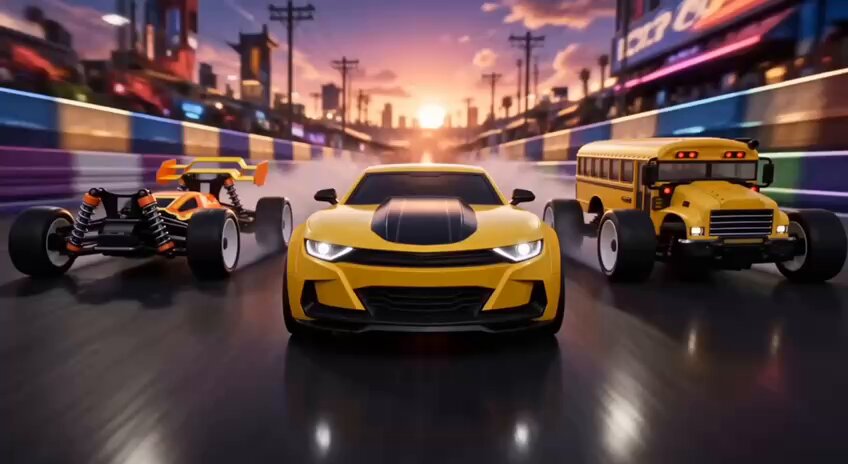 The image features three different types of vehicles racing down a track at night. The first vehicle is a yellow sports car, followed by an orange monster truck, and the third one is a yellow school bus. These vehicles are positioned side by side on the road, creating an interesting contrast between their colors and designs. The background of the image shows a city skyline with buildings illuminated against the dark sky at night, adding to the overall atmosphere of the scene.