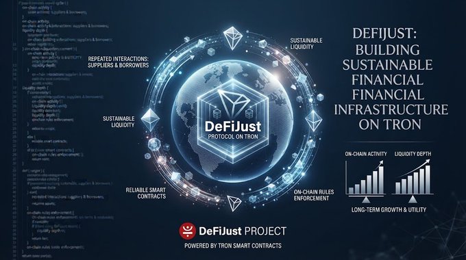 A promotional graphic for DeFiJust Project details building sustainable financial infrastructure on Tron, featuring code snippets, on-chain activity charts, and protocol features.