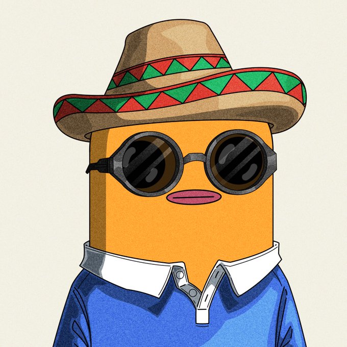 A digital illustration of a character with an orange rectangular body wearing a brown sombrero with red and green triangular patterns, round black sunglasses, and a blue collared shirt.