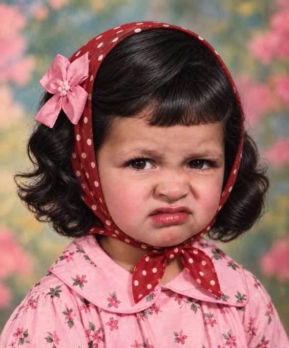 A vintage-style photo of a young girl with a sad, pouty expression, wearing a red polka dot headscarf with a pink bow and a pink floral dress.