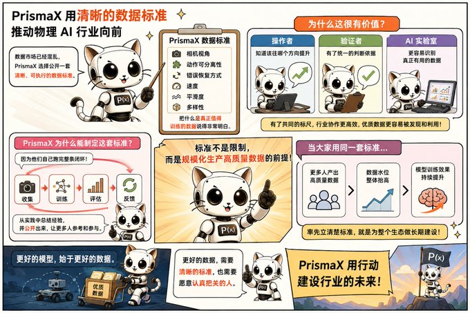 A Chinese-language infographic titled 'PrismAX' featuring a cat mascot explaining data standards that advance the physical AI industry.