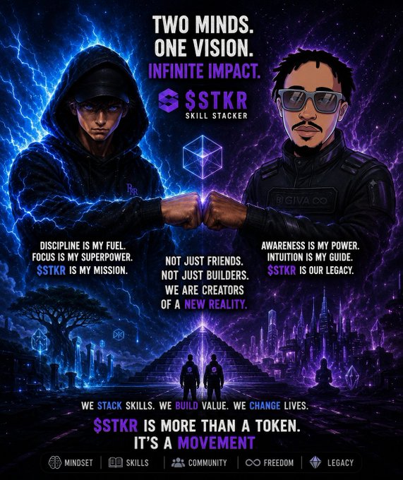 A bold promotional poster for '$STKR SKILL STACKER' features two illustrated men bumping fists, surrounded by lightning, pyramids, and text reading 'TWO MINDS. ONE VISION. INFINITE IMPACT.' and 'DISCIPLINE IS MY FUEL.'