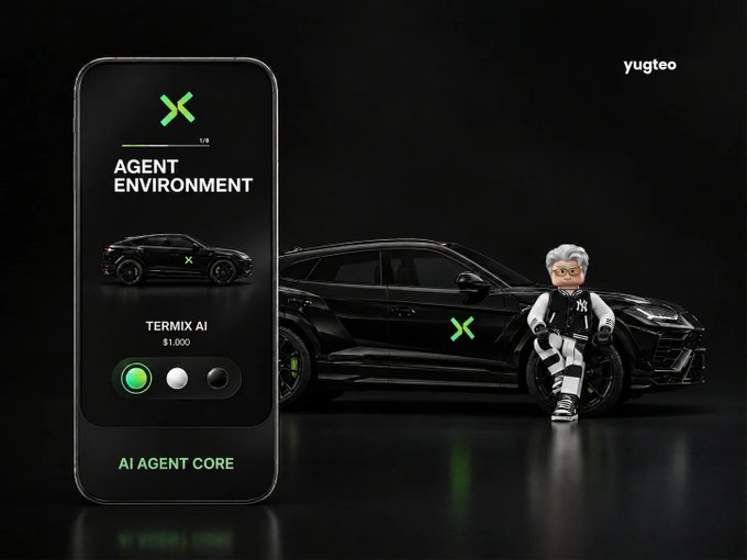 A promotional graphic for 'yugteo' features an 'AI AGENT CORE' smartphone app interface showing a 'TERMIX AI' for $1,000 alongside a black Lamborghini Urus with a green 'X' logo and a stylized figure with white hair.