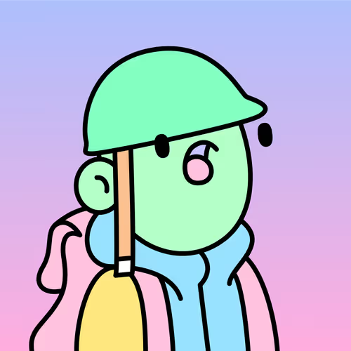 A cartoon illustration of a green-skinned character wearing a green cap and a blue hoodie, set against a pastel pink and blue gradient background.
