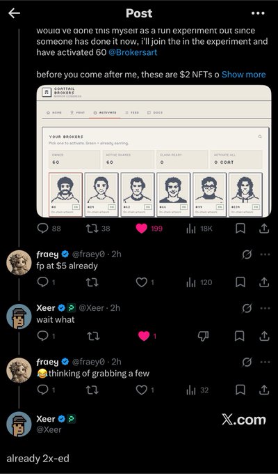 A screenshot of an X (Twitter) post showing an NFT collection called 'CONTROL BROKERS' with 6 minted tokens, featuring replies from users 'fraey' and 'Xeer' discussing the NFTs being '2x-ed' and FP at $5.