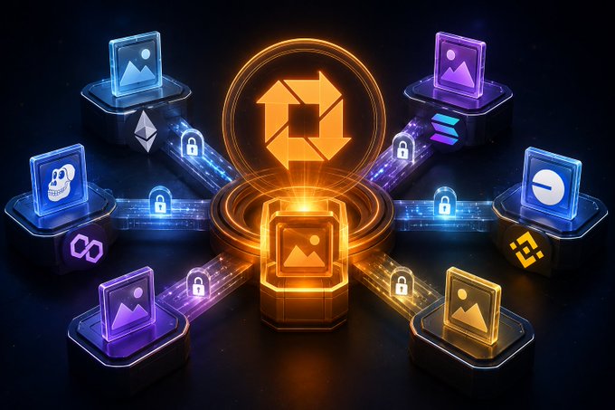 The image depicts a glowing central hub with a cross-arrows logo surrounded by interconnected blockchain nodes featuring padlock icons and NFT-style image tiles, visually representing UnVault's omnichain NFT infrastructure that enables tokens to move securely across multiple blockchains rather than remaining locked to a single network.